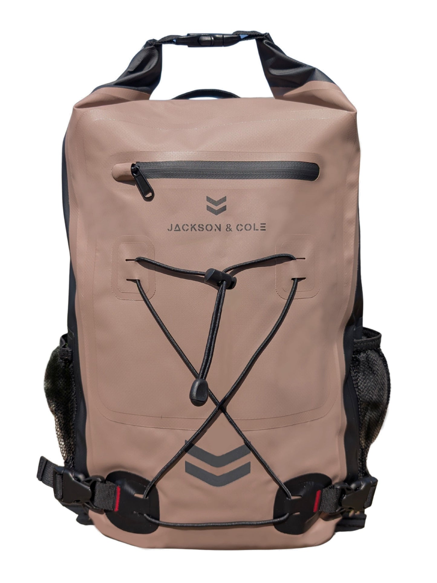 Beige Aonyx backpack with black straps and Jackson & Cole branding on a white background