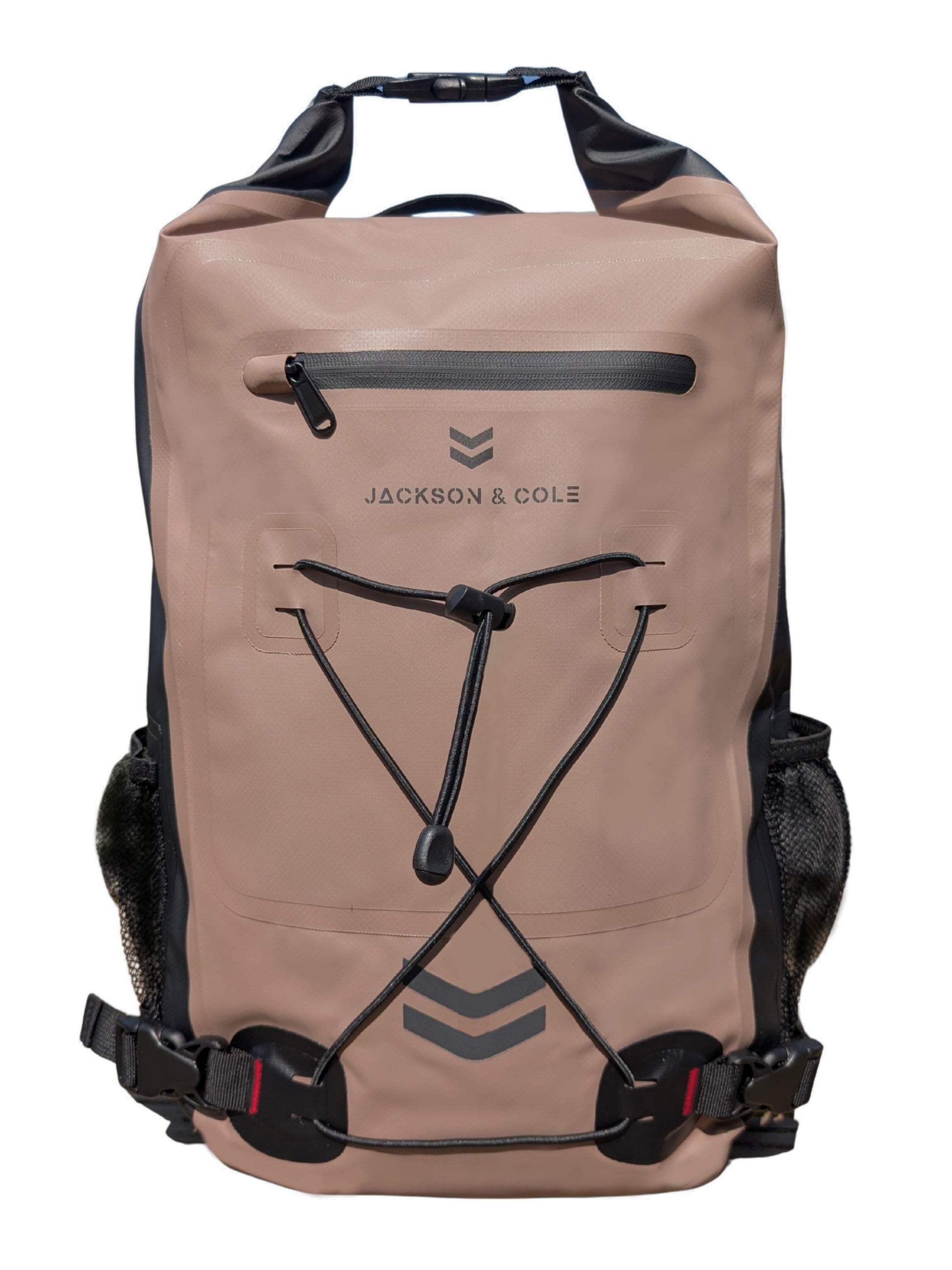 Beige Aonyx backpack with black straps and Jackson & Cole branding on a white background