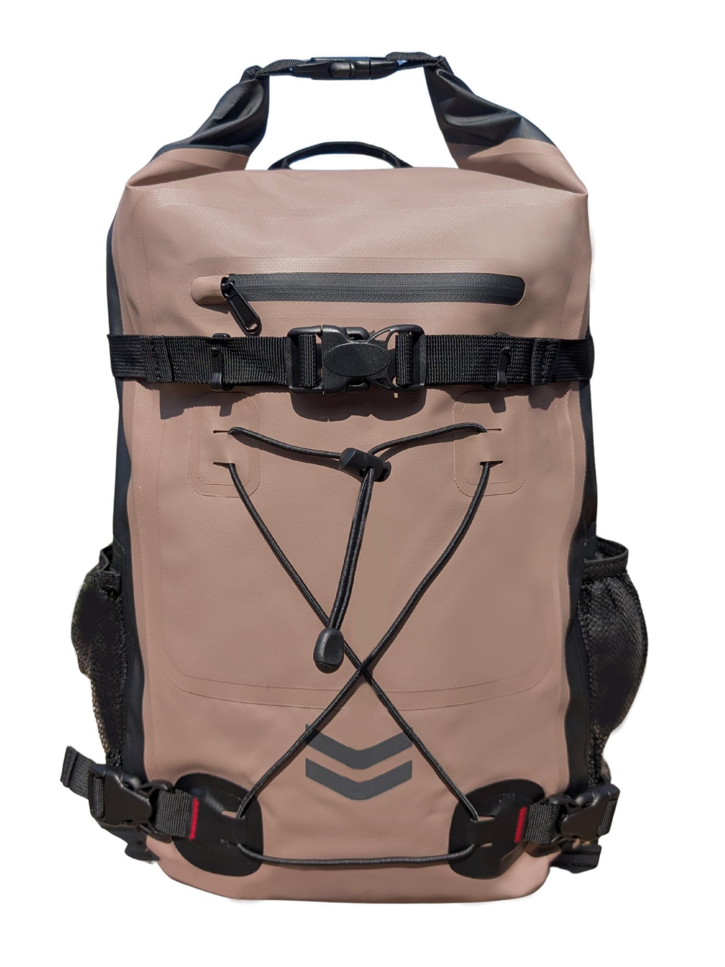 Beige backpack with black straps and buckles on a white background