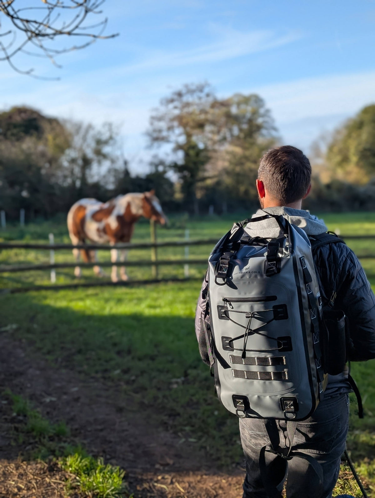 Caiman backpack with horse in background